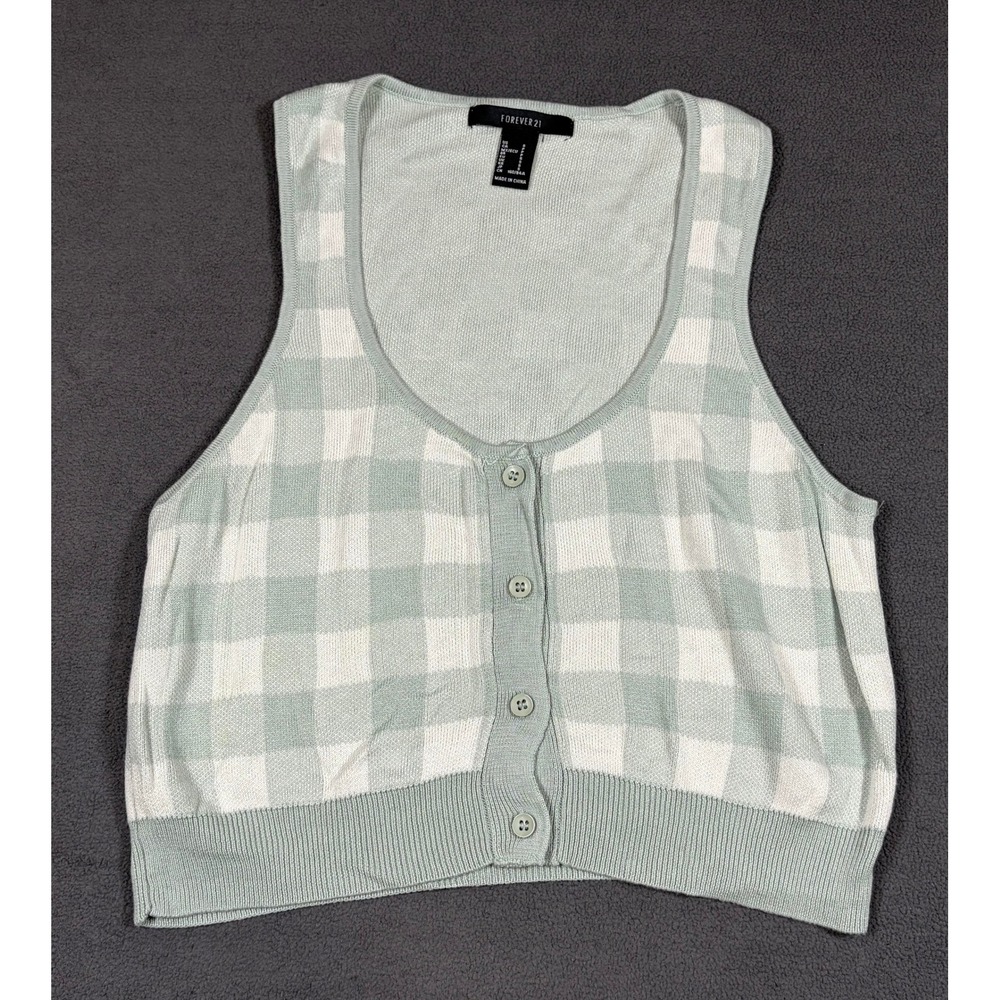 Forever 21 Sweater Vest Womens Size S Sage Green Gingham Button Front Knit Crop